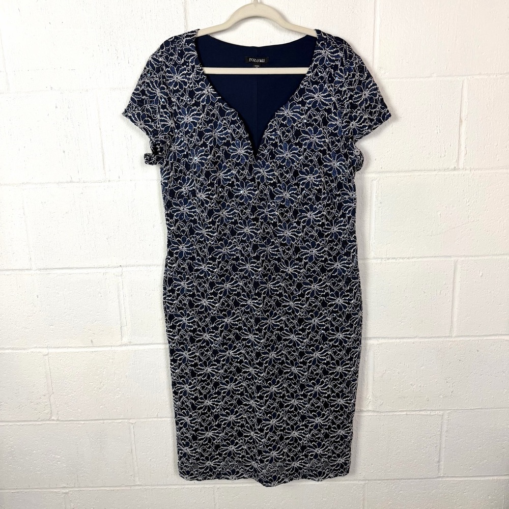 Roz & Ali Sheath Dress Blue Sequins Stretch Sheer Lined Floral Wedding Glam 14‎